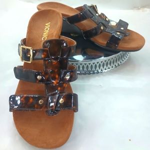 Vionic Tortoiseshell Brown Triple-Strap Slide Sandals
